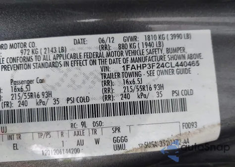 2012 Ford Focus Se z USA, uszkodzony, nr VIN 1FAHP3F24CL440465